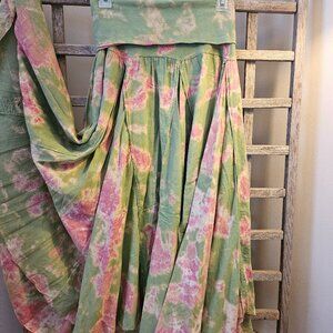 Boho Skirt,  Small, Tie Dye BubbleGum Pink / Green / Cream 100% Cotton